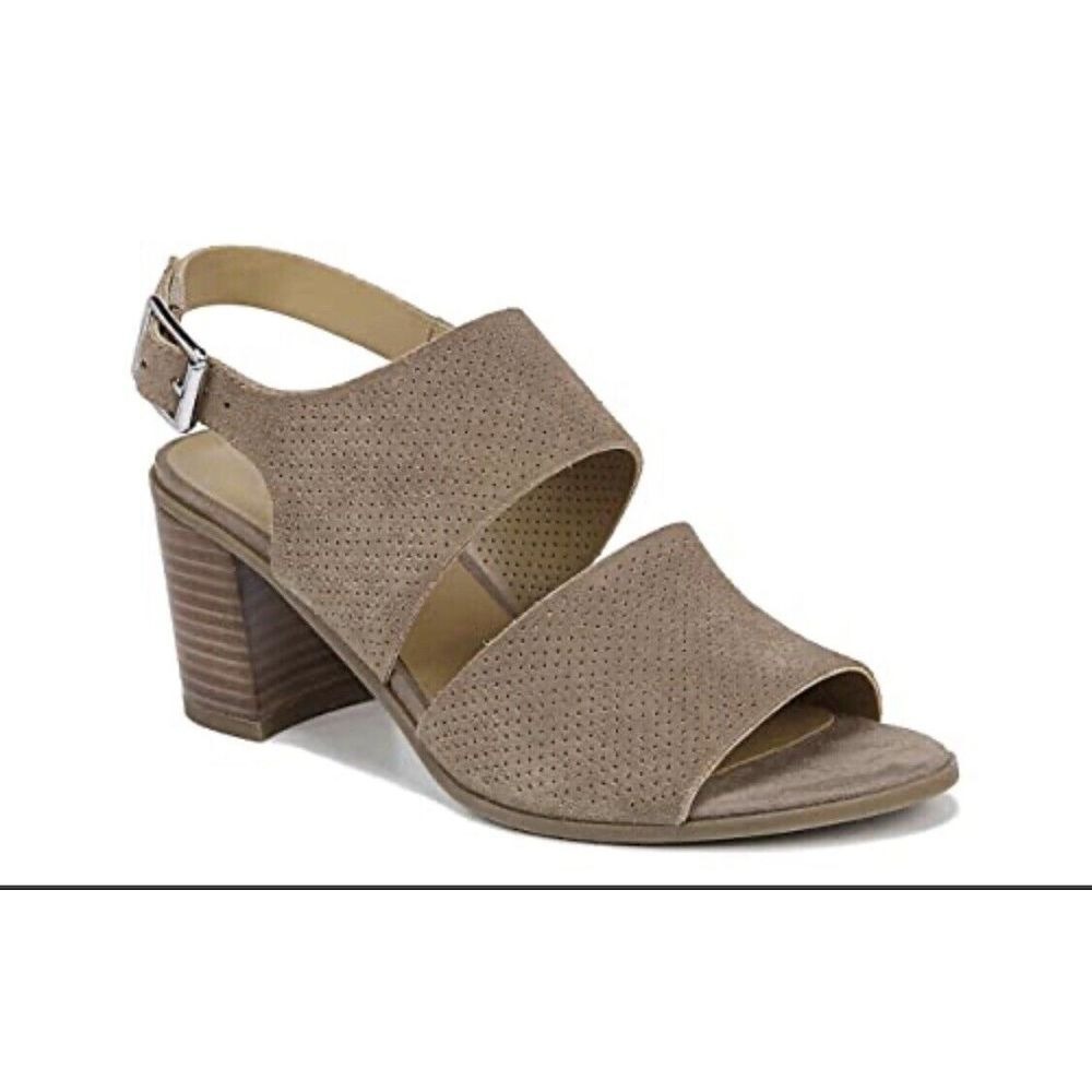 Franco Sarto transistion neutral block heel sandal taupe perforated suede sz 10